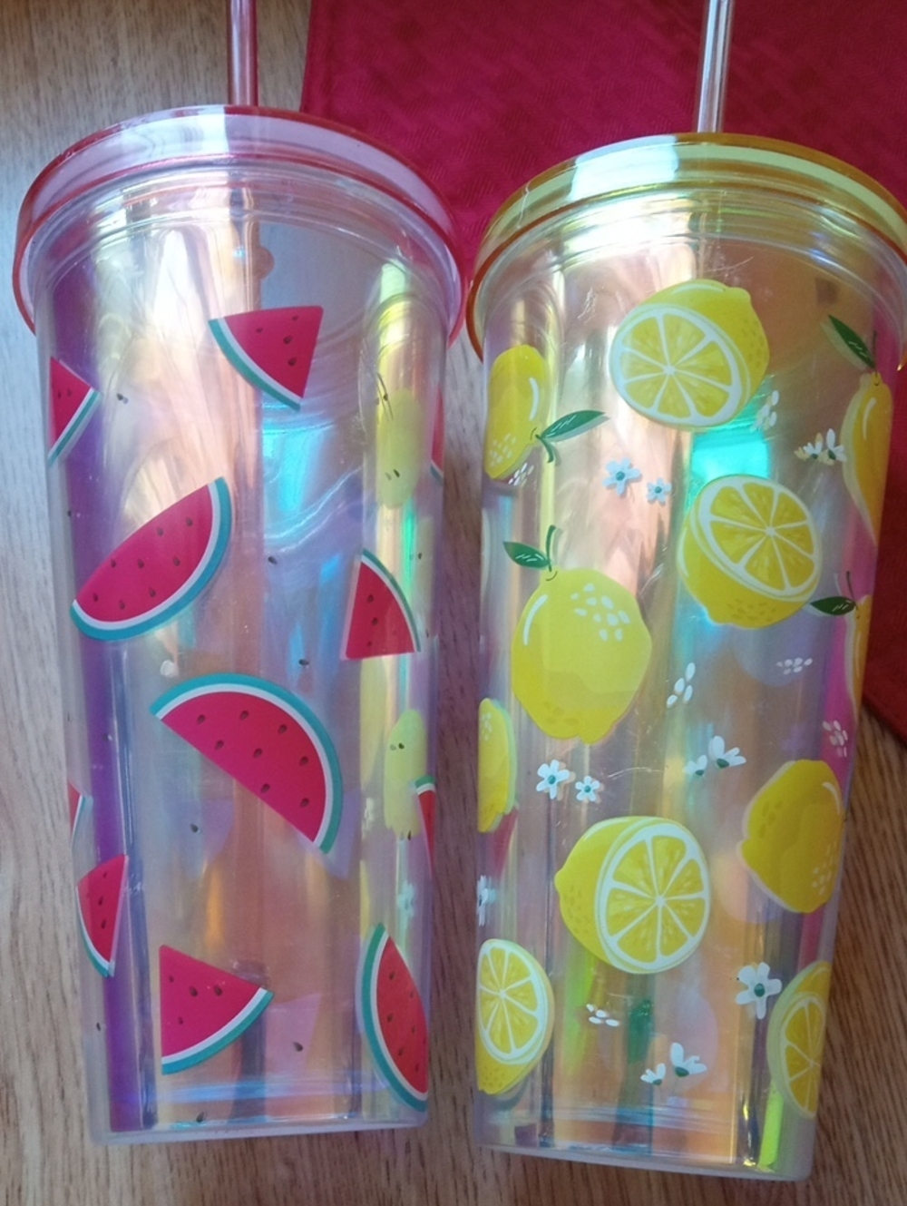 2 Brand New Iridescent Watermelon & Lemon Tumblers Duo with Reusable Straws